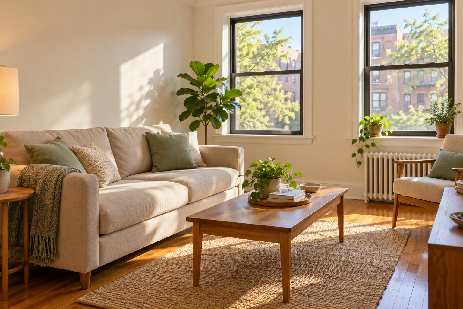 Illustrative bright living room with neutral furnishings